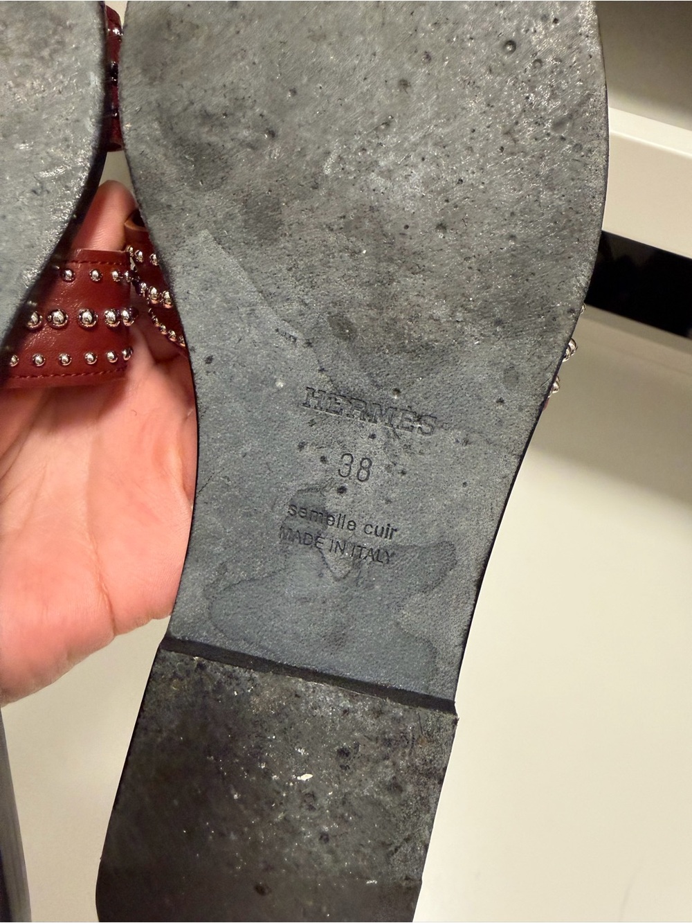 Hermes Burgundy Studded H-strap Leather Slide Sandals - Picture 4 of 4